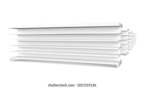 3D White Long Empty Showcase Displays With Retail Shelves Perspective. EPS10 Vector