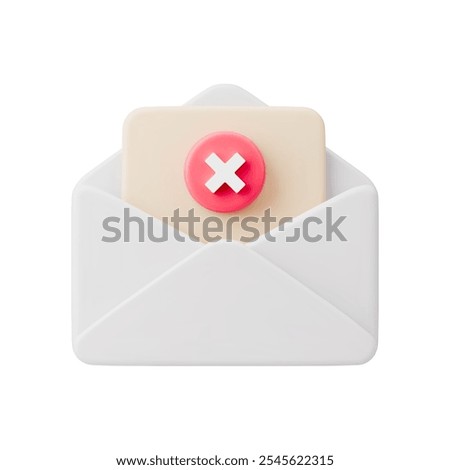 3D white mail with cancel icon. Realistic envelope with paper sheet and red cross sign. Unapproved document, rejected letter symbol. Concept cancel, deleted or unsubscribe message vector illustration