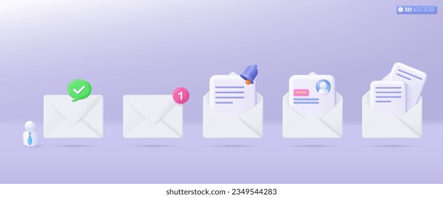 3d Símbolo de conjunto de iconos de sobre de correo blanco. Realizar notificación por correo electrónico con letras, CV Reanudar iconos, Reclutar, empleado. concepto de comunicación. Ilustración aislada vectorial 3D, color pastel de dibujos animados Estilo mínimo