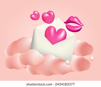 3d white mail envelope with pink hearts and lips vector illustration. Clouds, kiss, love. Realistic design for Valentine and Mother Day, wedding postcard.