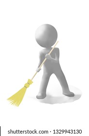 3D white man with a broom on a white background promotes the purity of city streets and courtyards.