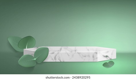 Podio de mármol blanco 3d sobre fondo verde. Producto de belleza para el cuidado de la piel pancarta para el anuncio. Soporte de crema cosmética con diseño de hojas. Plantilla de maqueta orgánica para la venta escaparate promocional con decoración de hojas.