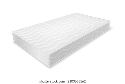 3d white mattress isolated. Realistic orthopedic sleeping bed element. Comfortable cotton accessory for bedroom. Bedspread and lodging sleep. 3d vector illustration