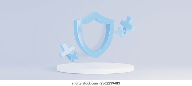 3d white medical podium background for health product. Blue pharmacy shield for medicine advertising with platform and plus sign in studio. Cylinder pedestal for healthcare presentation illustration