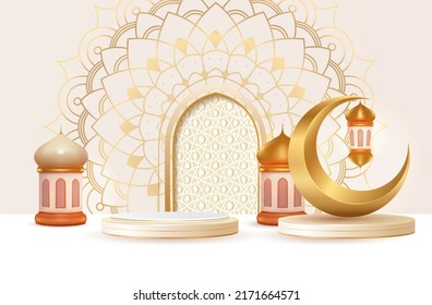 3d white modern Islamic holiday banner template. Composition of a gold lantern and crescent moon