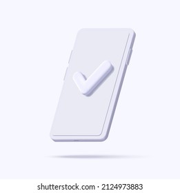 3d white mono chrome isometric smartphone with checkmark on the screen, isolated render mockup