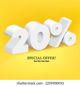 Banner De Dígitos De Oferta Especial Con Un Número Blanco En 3D Del 20%, 20% De Plantilla. Venta, descuento. Ilustración En Fondo Amarillo. Listo Para Su Diseño. Vector