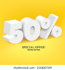 3D White Number 50% Off Special Offer Digits Banner, Template Fifty Percent. Sale, Discount. Illustration On Yellow Background. Ready For Your Design. Vector