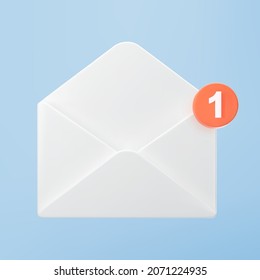 3d white open mail envelope icon with orange marker new message isolated on blue background. Render new unread email notification. 3d realistic minimal vector