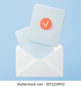 3d white open mail envelope icon with orange check mark isolated on blue background. Render approvement concept, email notification with document and check mark icon. 3d realistic vector