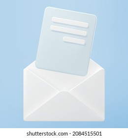Icono 3d sobre de correo abierto blanco con documento de vuelo aislado en fondo azul. Realizar una nueva notificación por correo electrónico. 3.ᵉʳ vector mínimo realista