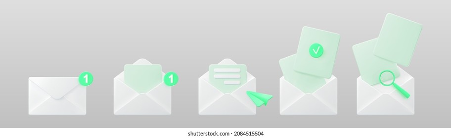 3d white open mail envelope icon set with green marker new message isolated on grey background. Render email notification with letters, check mark, paper plane and magnifying glass. Realistic vector