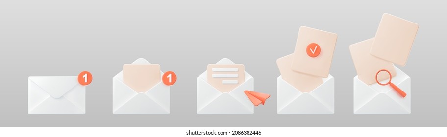 3d white open mail envelope icon set with orange marker new message isolated on grey background. Render email notification with letters, check mark, paper plane and magnifying glass. Realistic vector