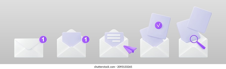 3d white open mail envelope icon set with purple marker new message isolated on grey background. Render email notification with letters, check mark, paper plane and magnifying glass. Realistic vector