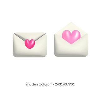 3d white opened and closed mail envelopes with pink hearts