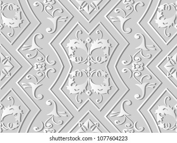 3D white paper art Check Polygon Frame Spiral Cross Vine Leaf Flower, Vector stylish decoration pattern background for web banner greeting card design