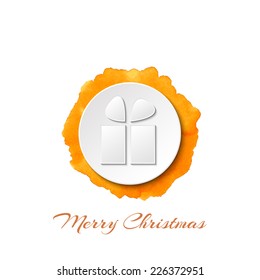 3d white paper Christmas present on paper circle and on abstract gradient watercolor yellow, orange background.