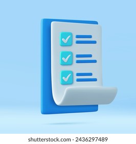 3d White paper with clipboard task management todo check list, efficient work on project plan, fast summary, assignment and exam. 3D Rendering. Vector illustration