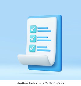 3d White paper with clipboard task management todo check list, efficient work on project plan, fast summary, assignment and exam. 3D Rendering. Vector illustration