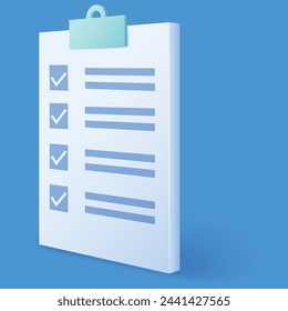 3d White paper with clipboard task
management todo checklist, efficient work
on project plan, fast summary, assignment
and exam. 3D Rendering. Vector
illustration. Can be used for printing,
mobile.