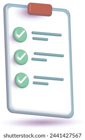 3d White paper with clipboard task
management todo checklist, efficient work
on project plan, fast summary, assignment
and exam. 3D Rendering. Vector
illustration. Can be used for printing,
mobile.