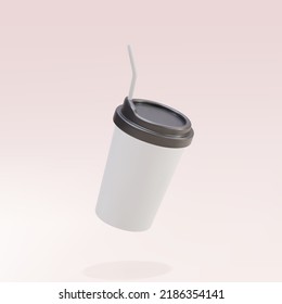 3D white paper coffee cup with a straw on a pink background. Vector illustration.