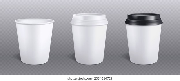 3d white paper coffee cup isolated vector mockup. Disposable drink mock up for takeaway hot espresso from cafe with plastic black lid. Cappuccino cardboard package container render design illustration