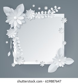 3d White Paper Craft Flowers Background, Spring Wedding Decoration, Summer Bridal Bouquet, Greeting Card Template, Blank Vector Floral Wall Decor