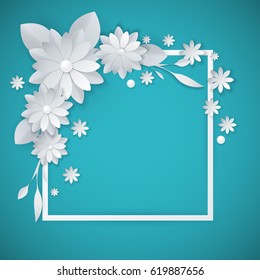 3d White Paper Craft Flowers Background, Spring Wedding Decoration, Summer Bridal Bouquet, Greeting Card Template, Blank Vector Floral Wall Decor