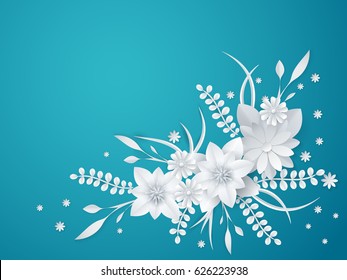 3D-Whitepaper, Blumenhintergrund, Frühlingsdekor, Summer Bridal Bouquet, Grußkartenvorlage, Blank-Vektorfloral-Tapete