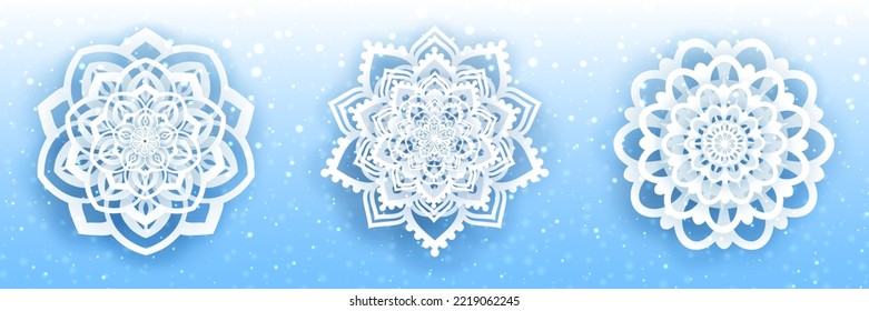 3D white paper Flower-mandala-snowflake with shadow. Set of paper cut design element vector illustration isolated on white-blue color gradient background.