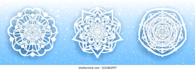 3D white paper Flower-mandala-snowflake with shadow. Set of paper cut design element vector illustration isolated on white-blue color gradient background.