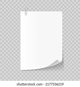 3D White Paper Sheet With Metal Paper Clip. EPS10 Vector
