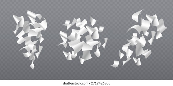 3d weiße Papierblätter fallen in Stapel mit Fliegenblatt und Dokument Stücke durch die Luft für Büro Chaos oder Papierkram verstreut. Dynamisch schwebende gekrümmte Fragmente. Realistische Mockup-Elemente.