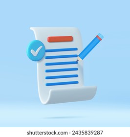 3d White paper task management todo check list, efficient work on project plan, fast summary, assignment and exam. 3D Rendering. Vector illustration