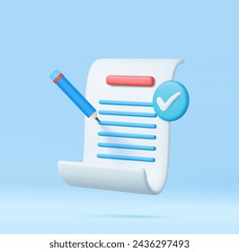 3d White paper task management todo check list, efficient work on project plan, fast summary, assignment and exam. 3D Rendering. Vector illustration