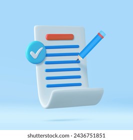 3d White paper task management todo check list, efficient work on project plan, fast summary, assignment and exam. 3D Rendering. Vector illustration