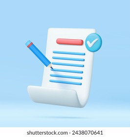 3d White paper task management todo check list, efficient work on project plan, fast summary, assignment and exam. 3D Rendering. Vector illustration