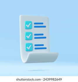 3d White paper task management todo check list, efficient work on project plan, fast summary, assignment and exam. 3D Rendering. Vector illustration