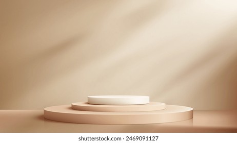 3D White Pedestal Podium with Light Beam in Beige Room for Product Display and Nature Concept Showcase