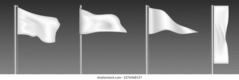 3d white pennant blank wave flag mockup vector. Realistic fabric canvas banner on pole isolated. Empty triangle festival event hanging material on stick. Label for branding decoration on chrome pillar