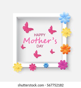 3D white photo frame with pink butterflies and colorful flowers from paper.