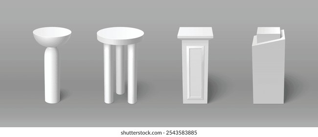 3d white pillar podium. Cube column base for product display. Empty pedestal platform for museum exhibit or gallery presentation place mockup. Blank exhibition showroom stage clear graphic design