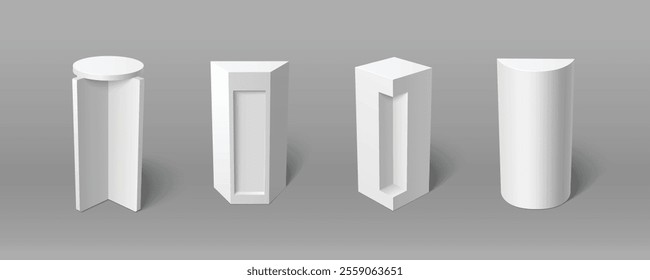 3d white pillar podium. Cube column base for product display. Empty pedestal platform for museum exhibit or gallery presentation place mockup. Blank exhibition showroom stage clear graphic design