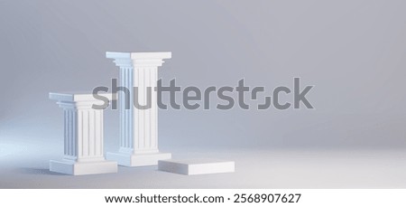 3d white pillar podium with display base. Column pedestal for showroom studio, museum exhibition or gallery presentation scene. Realistic greek exhibit with blank marble platform render mockup