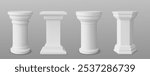 3d white pillar podium. Museum column stand vector for product display. Round and square shape empty exhibition stage. Realistic greek or roman marble foundation art sculpture with plinth level.