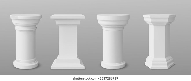 3d white pillar podium. Museum column stand vector for product display. Round and square shape empty exhibition stage. Realistic greek or roman marble foundation art sculpture with plinth level.