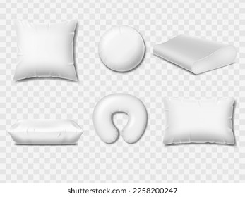 3d white pillow, neck cushion. Round travel or orthopedic realistic rest mockup, fluffy sleep head. Bedroom or living room blank textile, home interior element, vector isolated illustration