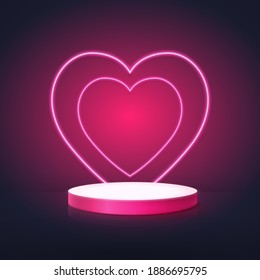 3D white and pink circle shape podium display with Neon hearts. Valentines banner for Wedding greeting card. Space for your design. Vector Illustration