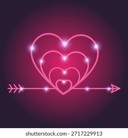 Forma de círculo blanco y rosa 3D con corazones de neón. Brillante neón con flecha y punta de corazón, arquero del amor, cazador del corazón, flecha amour, relación romántica de citas, tiro con arco, objetivo de amor, día de San Valentín. Anuncio de San Valentín de iconos vectoriales para tarjeta de felicitación de Boda. Espacio para tu diseño. Conjunto de iconos de corazón de objetivo de arco de cupido de neón. Ilustración vectorial